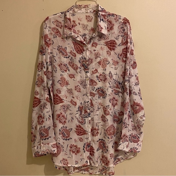 BD Collection Women's Sheer Blouse Boho Size XL Button Up Floral White Top - Picture 1 of 10